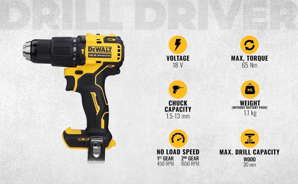 DEWALT DCD709N-XJ Reversible Hammer Drill Machine Driver With Brushless Motor- 18V Li-ion Sub-Compact Series Cordless 1/2/13mm