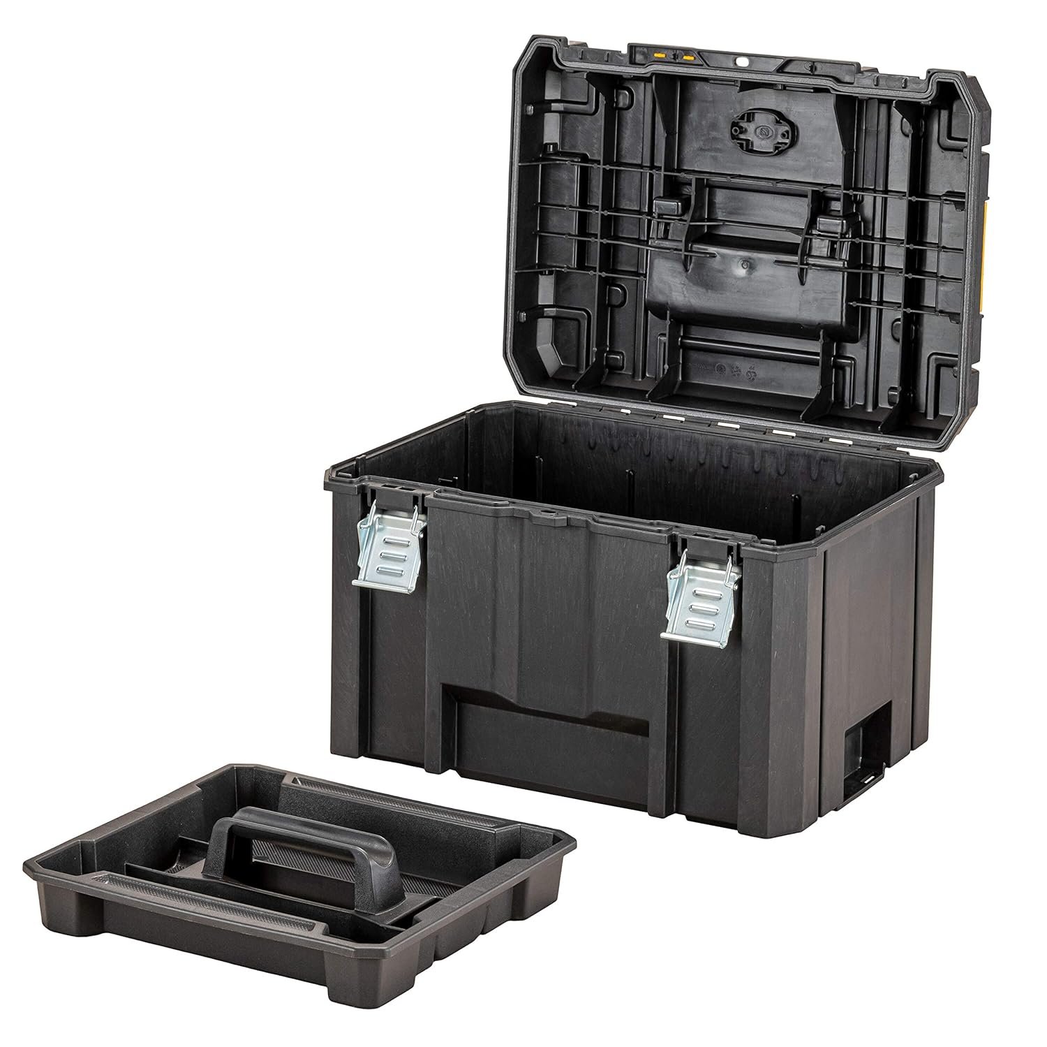 DEWALT DWST83346-1 TSTAK® Heavy-Duty Portable Plastic Deep Box With Removable Half Size Internal Tote Tray, IP54 Rated Waterseal, 30 Kg Weight Capacity, Metal Latches, 44x33.2x30.2 cm