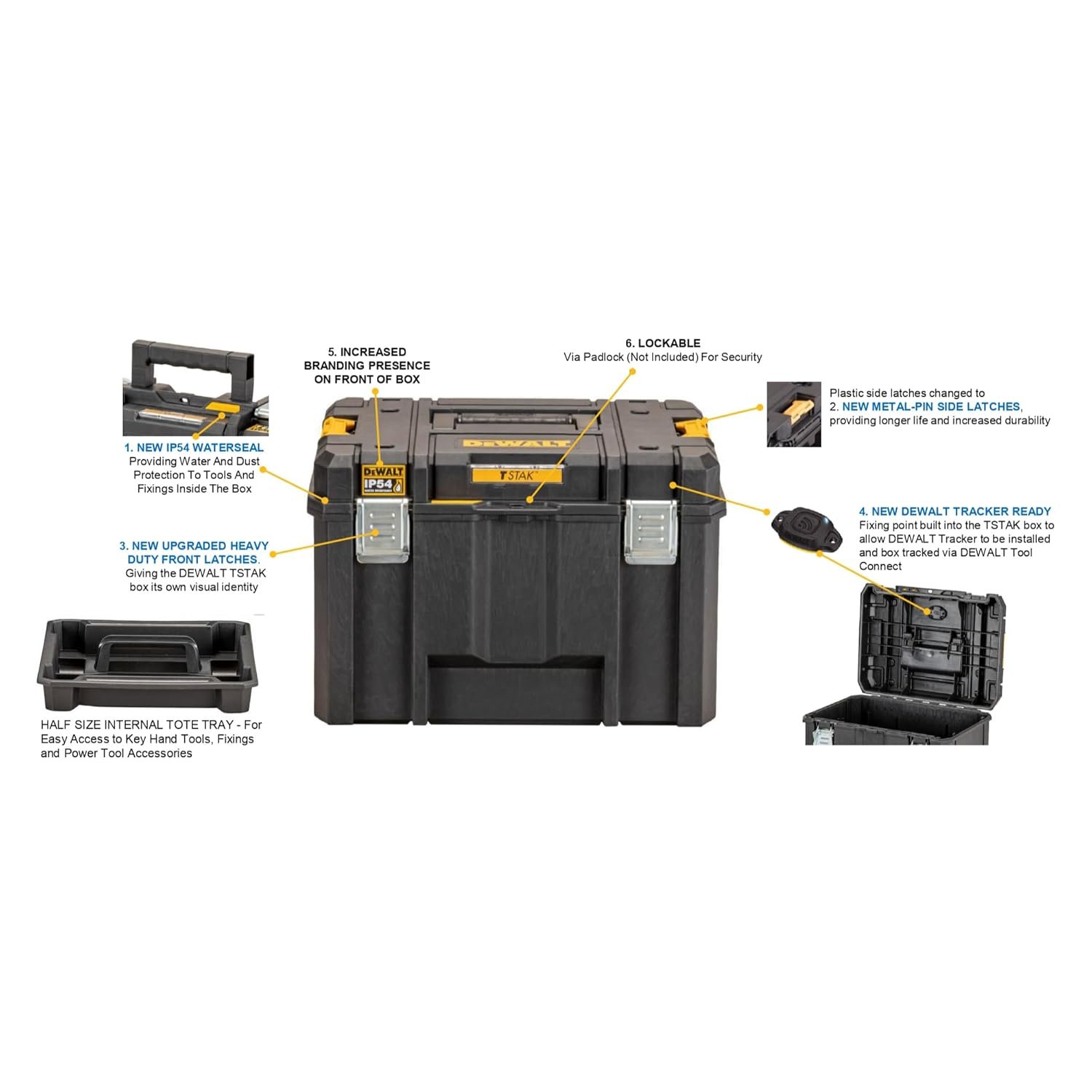 DEWALT DWST83346-1 TSTAK® Heavy-Duty Portable Plastic Deep Box With Removable Half Size Internal Tote Tray, IP54 Rated Waterseal, 30 Kg Weight Capacity, Metal Latches, 44x33.2x30.2 cm