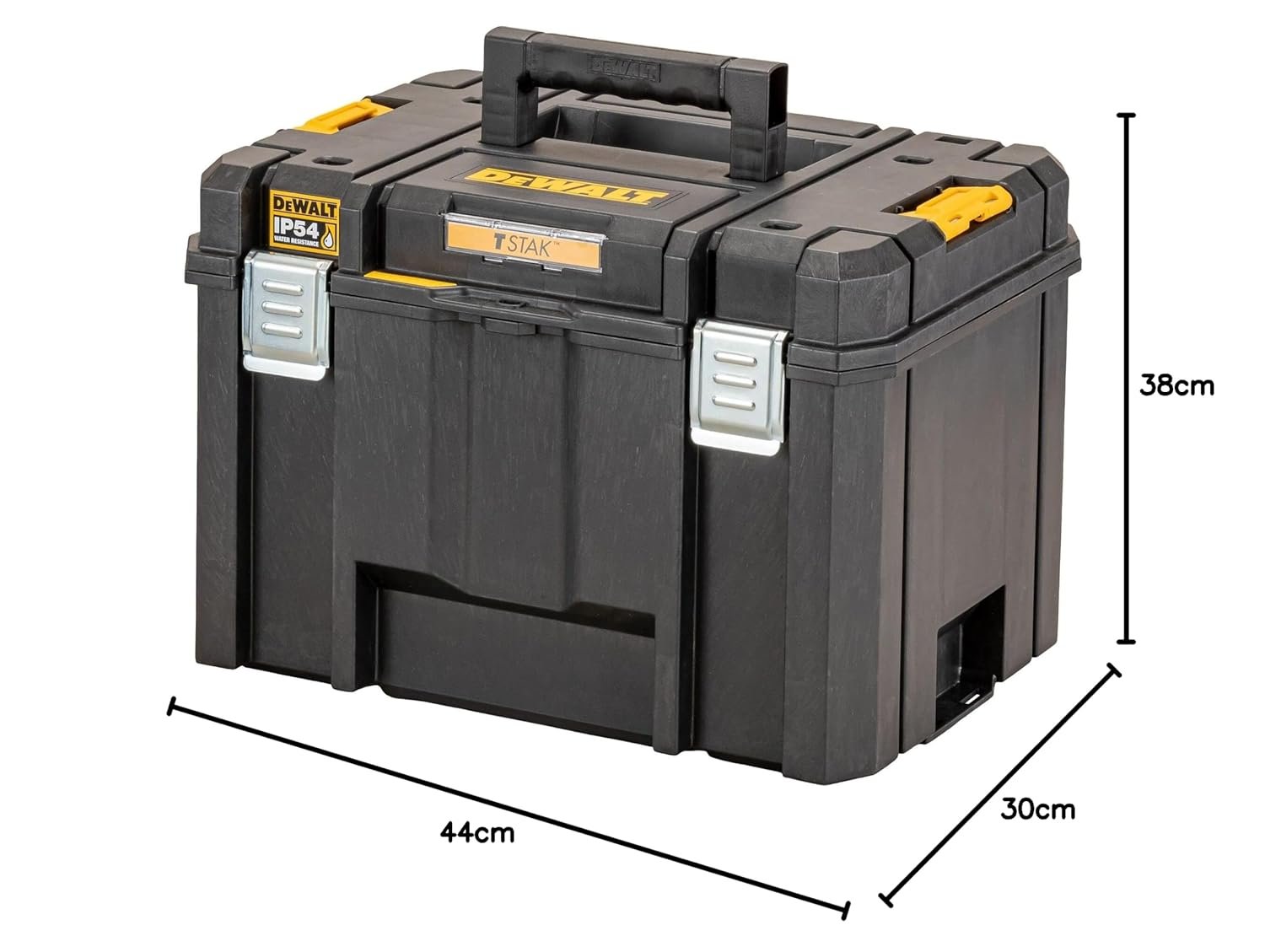 DEWALT DWST83346-1 TSTAK® Heavy-Duty Portable Plastic Deep Box With Removable Half Size Internal Tote Tray, IP54 Rated Waterseal, 30 Kg Weight Capacity, Metal Latches, 44x33.2x30.2 cm