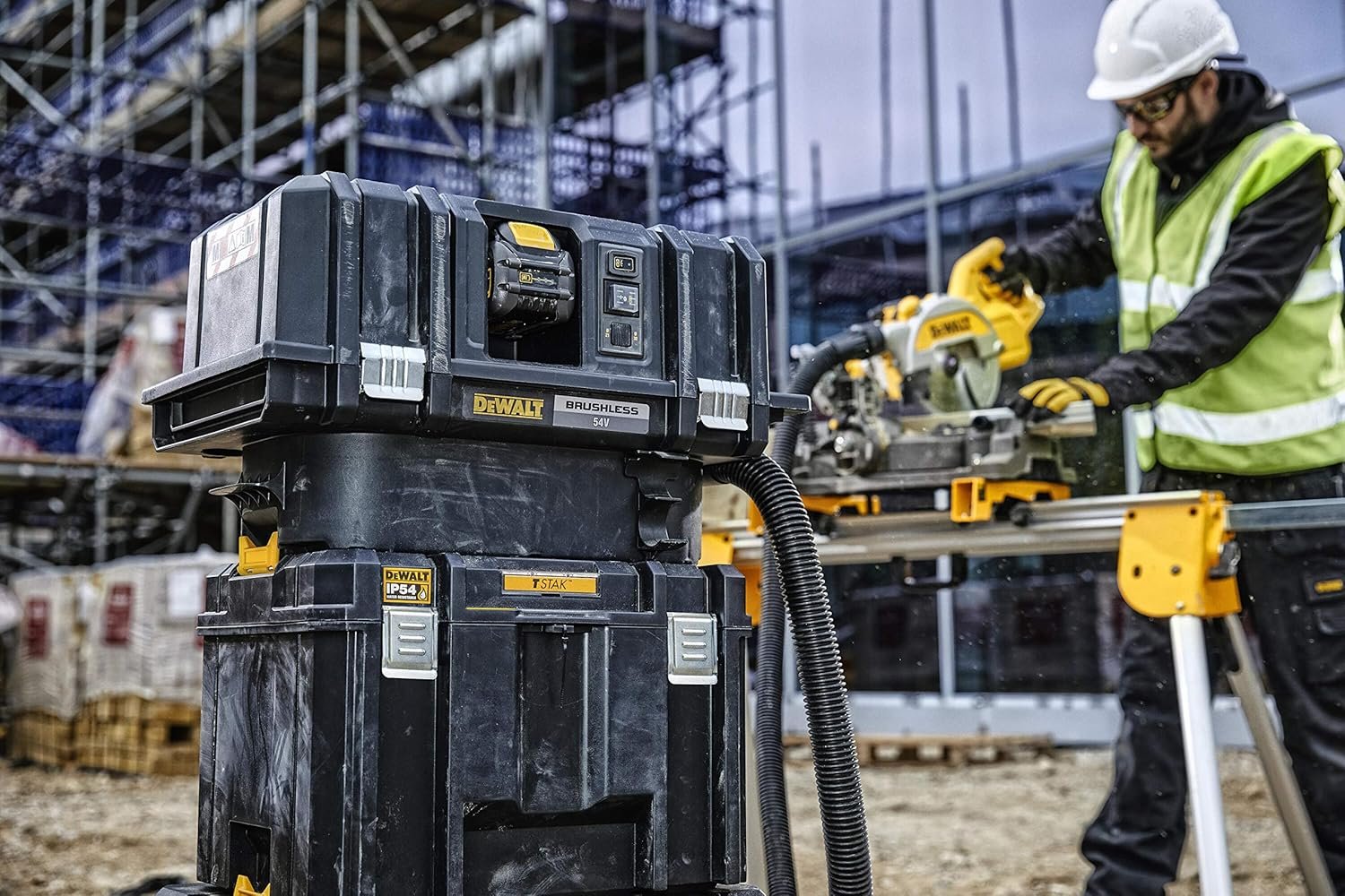 DEWALT DWST83346-1 TSTAK® Heavy-Duty Portable Plastic Deep Box With Removable Half Size Internal Tote Tray, IP54 Rated Waterseal, 30 Kg Weight Capacity, Metal Latches, 44x33.2x30.2 cm