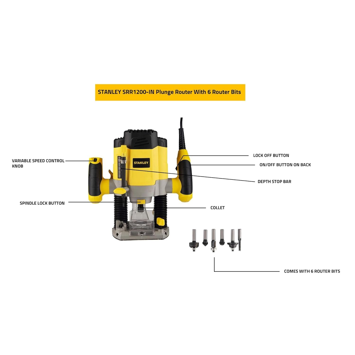 STANLEY SRR1200 Plunge Router 1200W 55mm Variable Speed With 6 Router Bits with Spindle-lock & Anti-static shoe coating, 1 Year Warranty, YELLOW & BLACK