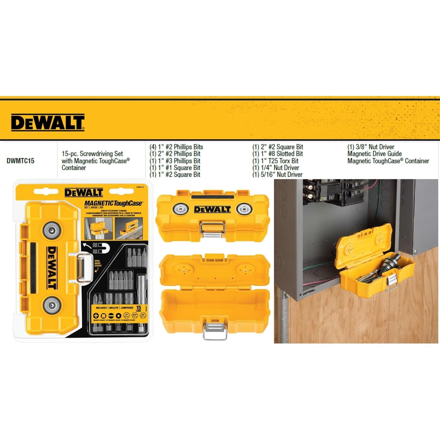 DEWALT DWMTC15 Impact Driver Bit Set with Magnetic Tough Case, 15-Piece Carbide Tipped Bits