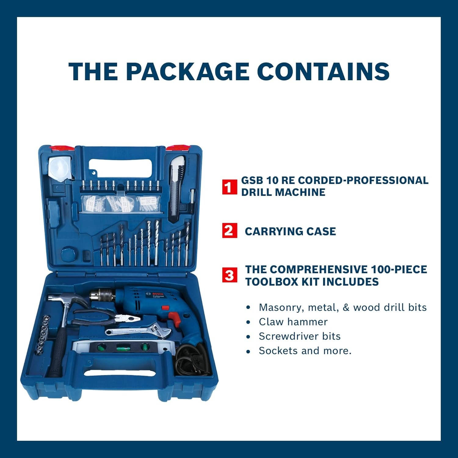 BOSCH GSB 10 RE Corded-Electric Tool Kit | 100-piece Tools Box Kit | Power Supply 500W | Impact Drill Machine | Impact Rate upto 41600 BPM | Speed upto 2600 RPM | 1 Yr Warranty
