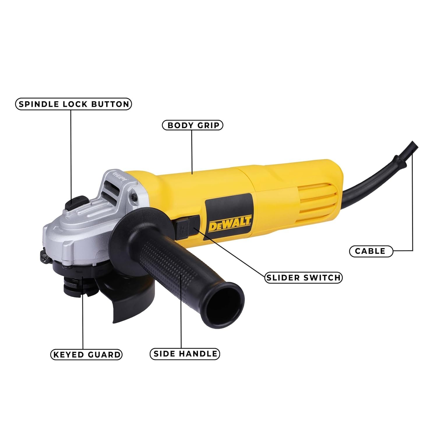 DEWALT DW802-IN, 850W, 4'' (100mm) Heavy Duty Angle Grinder Engineered For Heavy Duty Applications with Spindle Lock and Slide switch, 2 Year Warranty (SIDE HANDLE INCLUDED)