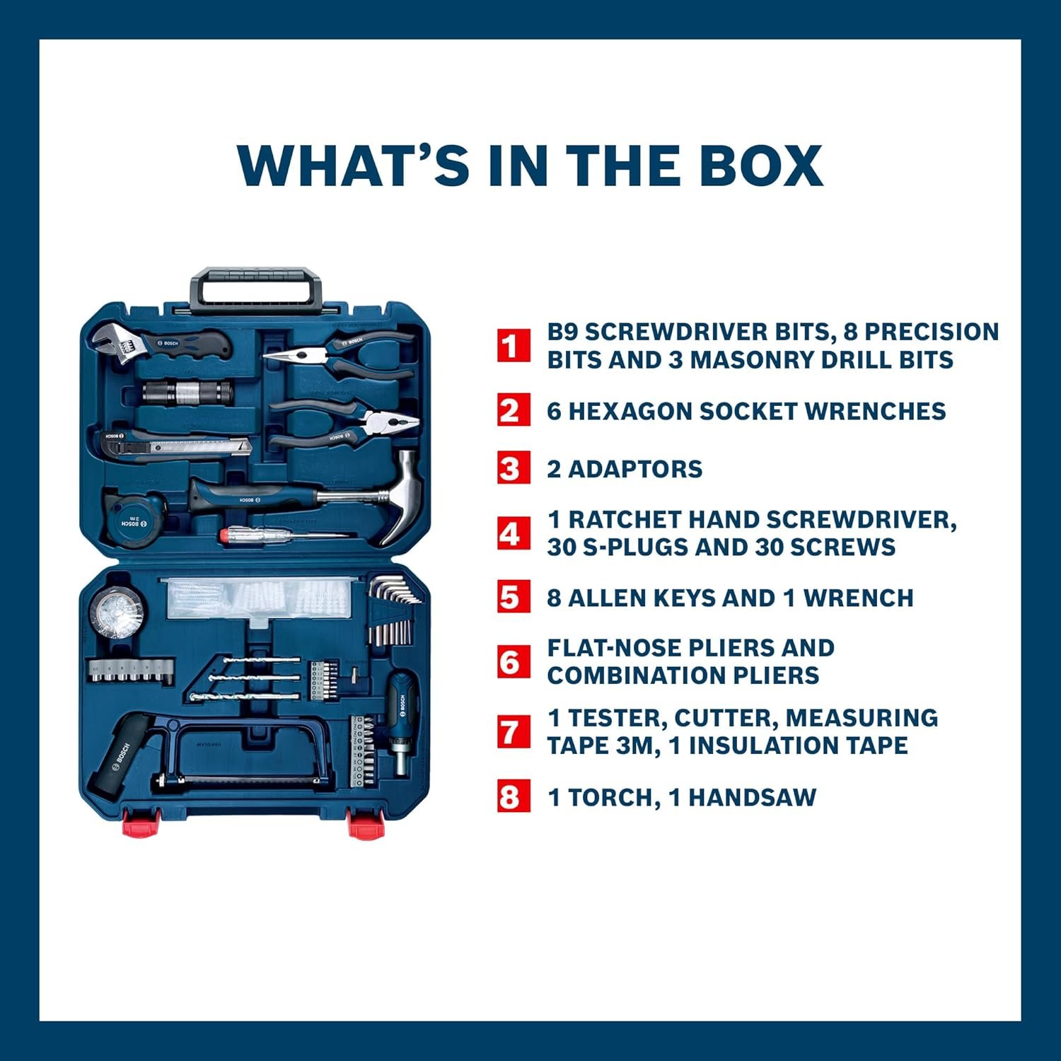 BOSCH All-in-One Hand Tool Kit, 108 Pieces, Rachet Screwdriver & Allen Key, Multiple Drill Bits, Additional Performance Tool, Blue, Hard Case